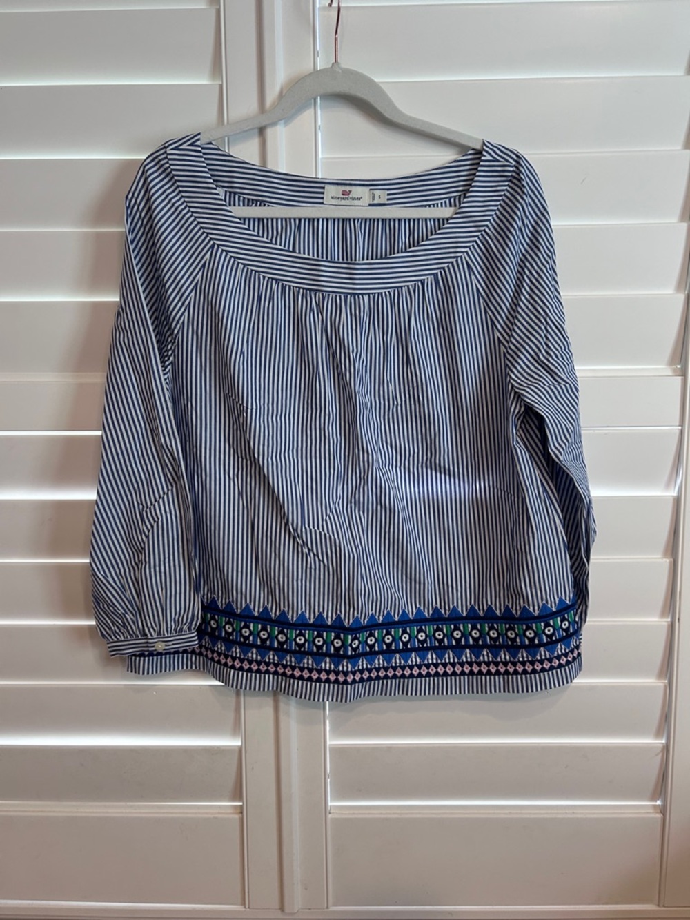 Vineyard Vines Embroidered Pinstriped Cotton Blouse Blue White Multi Size Small